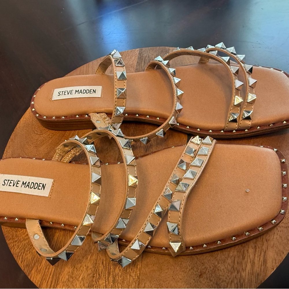 Steve Madden Tan Pyramid-Stud Strappy Slide Sandals - Picture 3 of 5